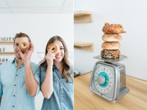 couple holds bagel to their eyes during Nashville branding photography session