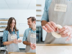 husband and wife create bagels during Nashville branding photography session