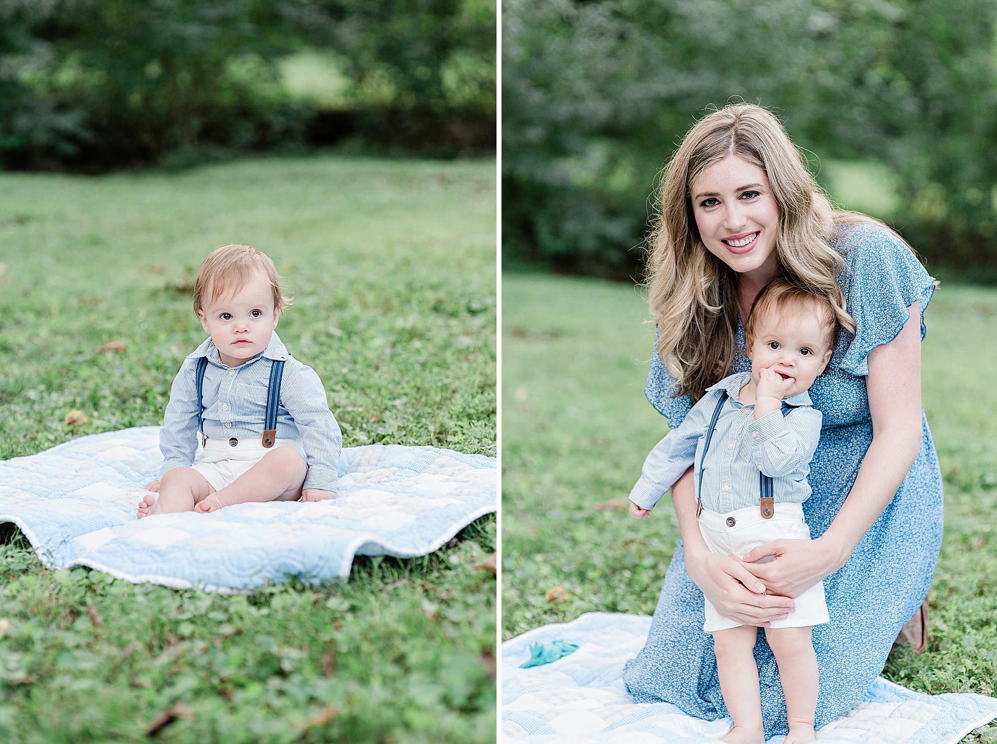 mom and son play on blanket during family photos