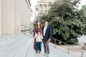 family poses on steps of Nashville TN War Memorial