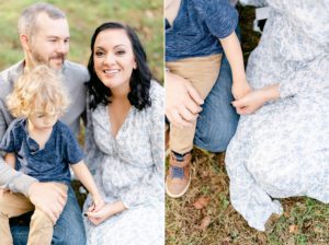 family of three sits together during Nashville family portraits in the fall
