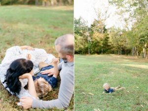 parents lay with son during family photos on local farm