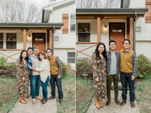 family of five hugs by Nashville cabin