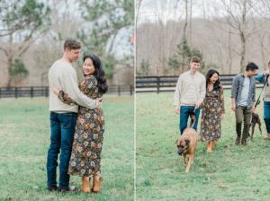 couple hugs while walking with dog during family photos