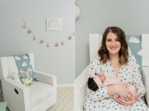 mom holds baby girl during Nashville lifestyle newborn session in nursery