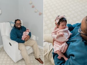 dad and daughter rock during newborn photos at home