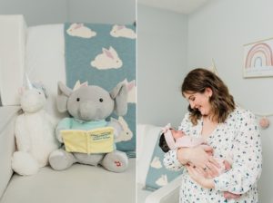 mom looks at daughter in nursery during newborn session