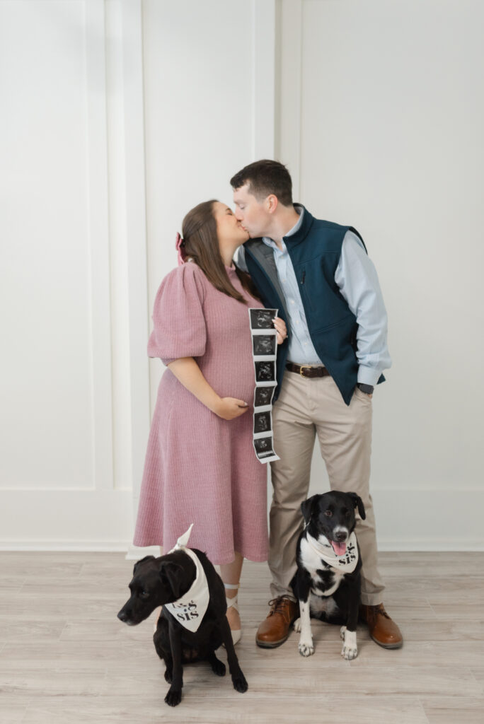 Pregnant couple posing for photos with family dogs