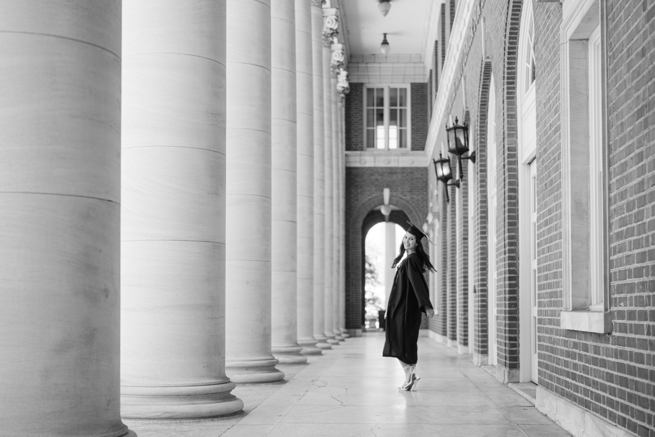 Vanderbilt University graduation photos in a campus breezeway by Nashville college portrait photographer