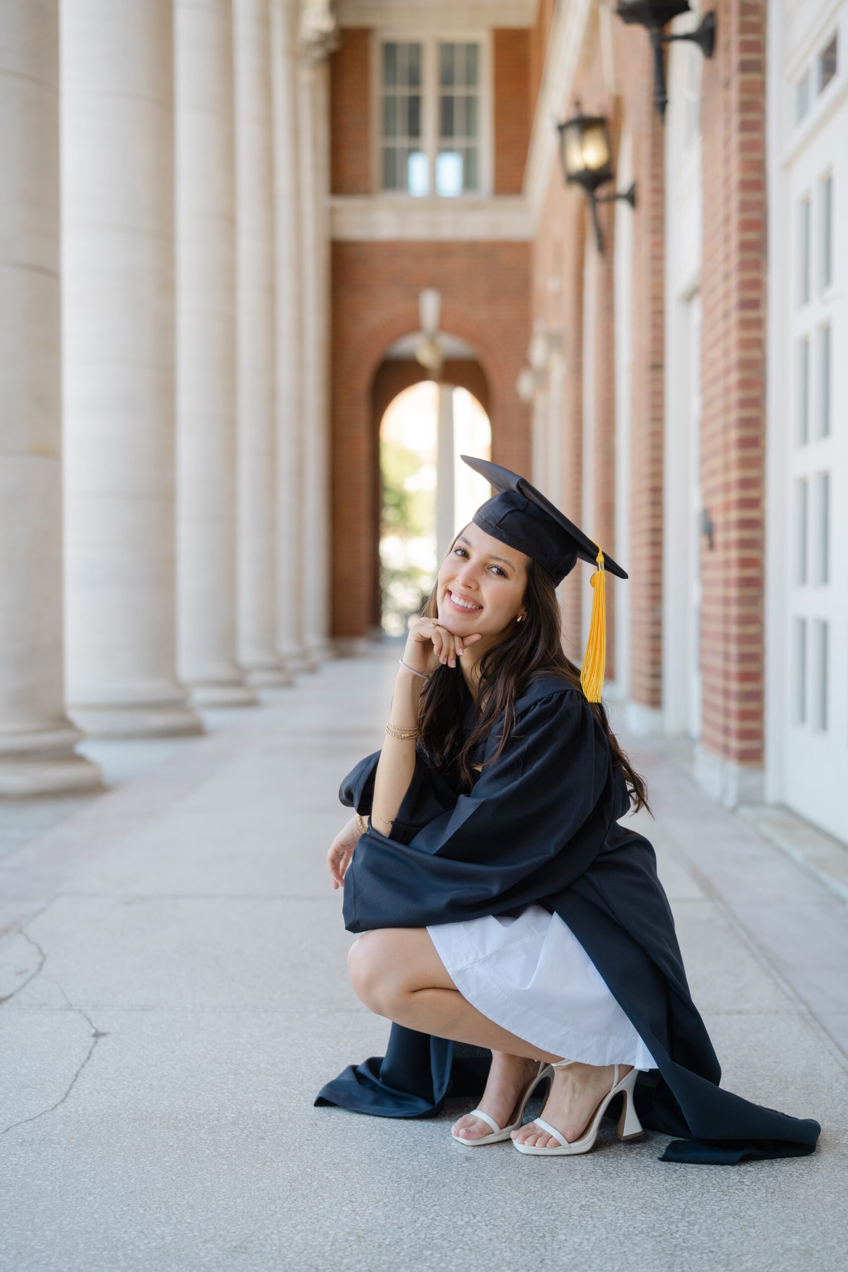 Vanderbilt University graduation photos in a campus breezeway by Nashville college portrait photographer